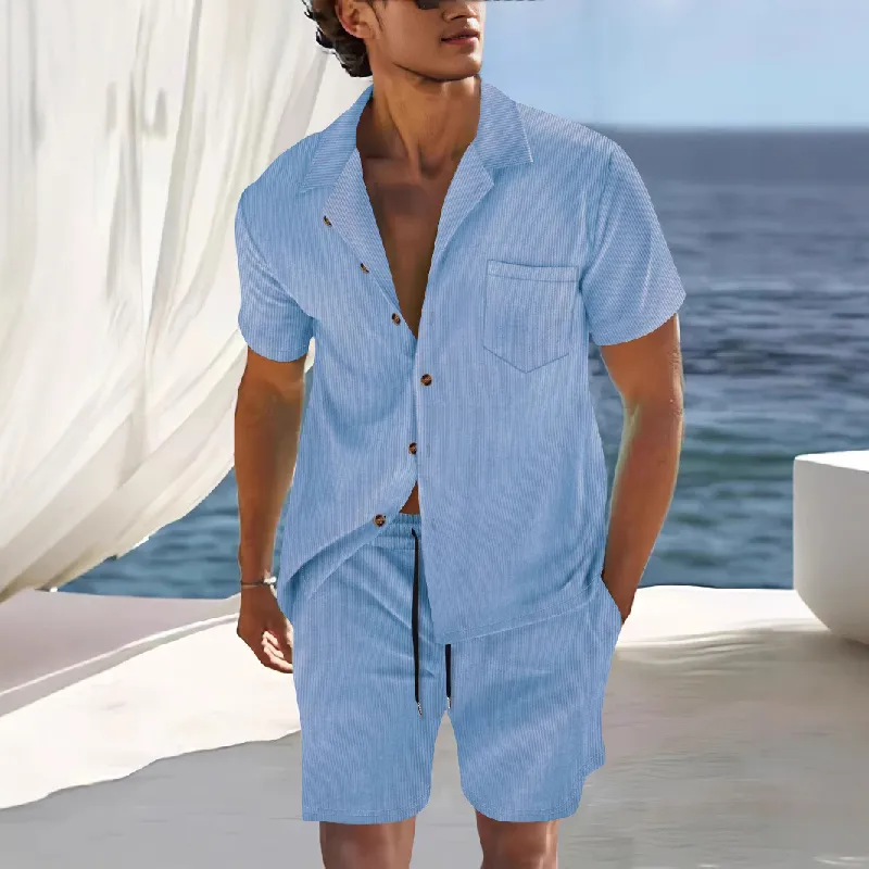 Men's Solid Color Short Sleeve Shorts Holiday Two-piece Set MTA0744D7X sold by Manly product image thumbnail 2