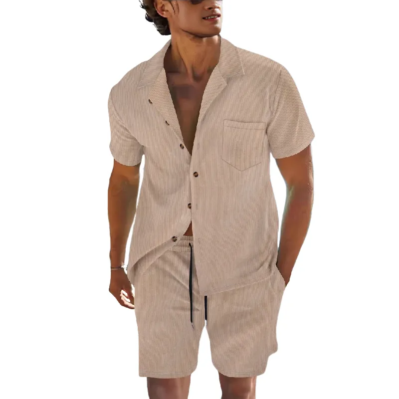 Men's Solid Color Short Sleeve Shorts Holiday Two-piece Set MTA0744D7X sold by Manly