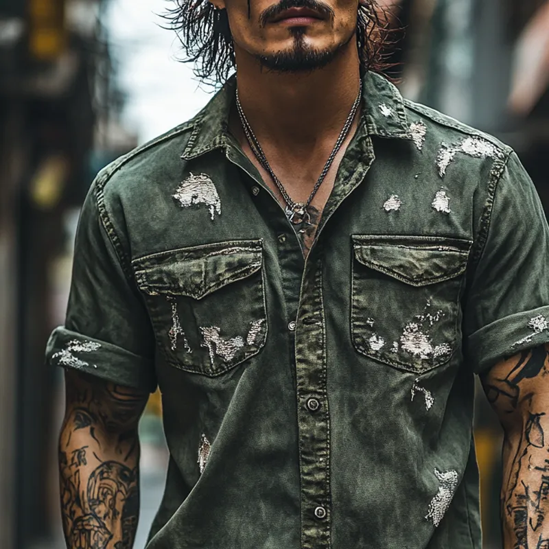 Men's Vintage Distressed Holes Lapel Short Sleeve Denim Shirt MTA1076D1Z sold by Manly product image thumbnail 3