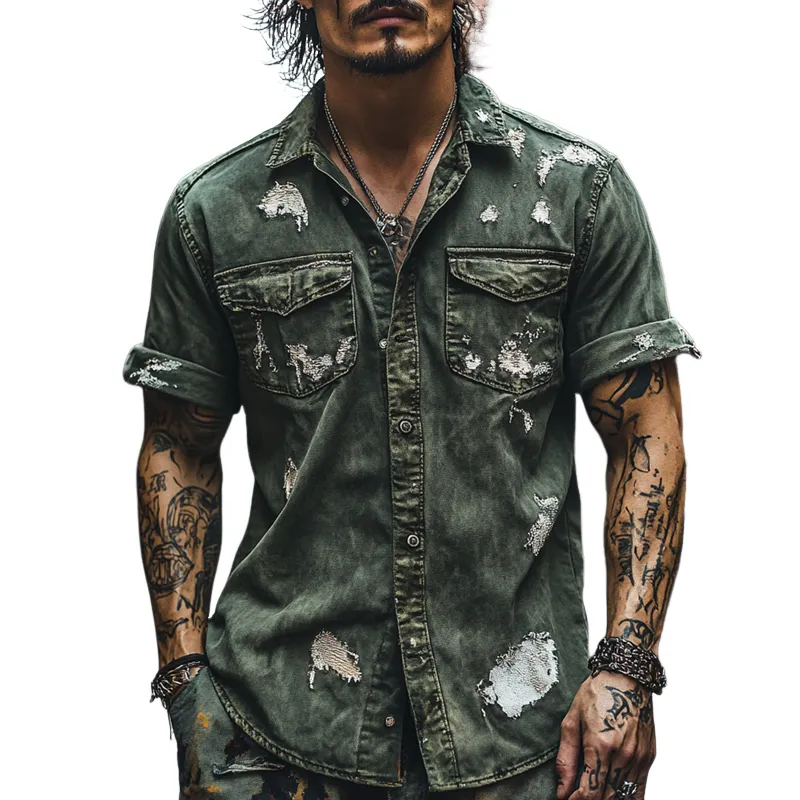 Men's Vintage Distressed Holes Lapel Short Sleeve Denim Shirt MTA1076D1Z sold by Manly