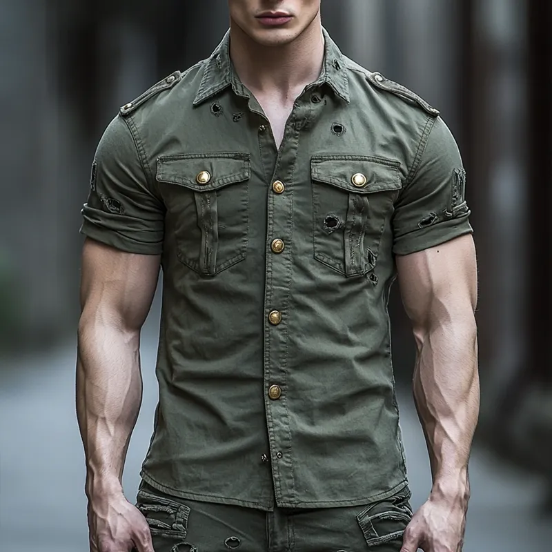 Men's Vintage Holes Lapel Chest Pocket Short Sleeve Shirt MTA1095D7Z sold by Manly product image thumbnail 2