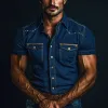Men's Vintage Gold Metal Rivet Lapel Short Sleeve Denim Shirt MTA1033D1Z sold by Manly