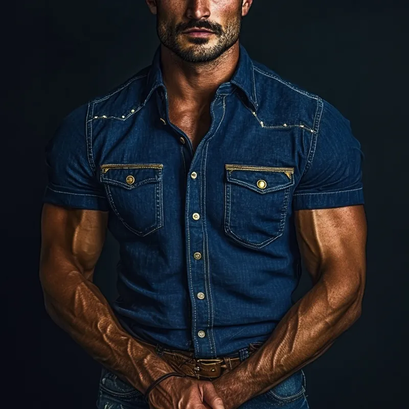 Men's Vintage Gold Metal Rivet Lapel Short Sleeve Denim Shirt MTA1033D1Z sold by Manly product image thumbnail 2