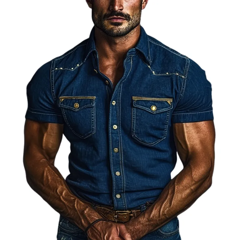 Men's Vintage Gold Metal Rivet Lapel Short Sleeve Denim Shirt MTA1033D1Z sold by Manly