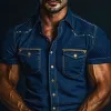 Men's Vintage Gold Metal Rivet Lapel Short Sleeve Denim Shirt MTA1033D1Z sold by Manly