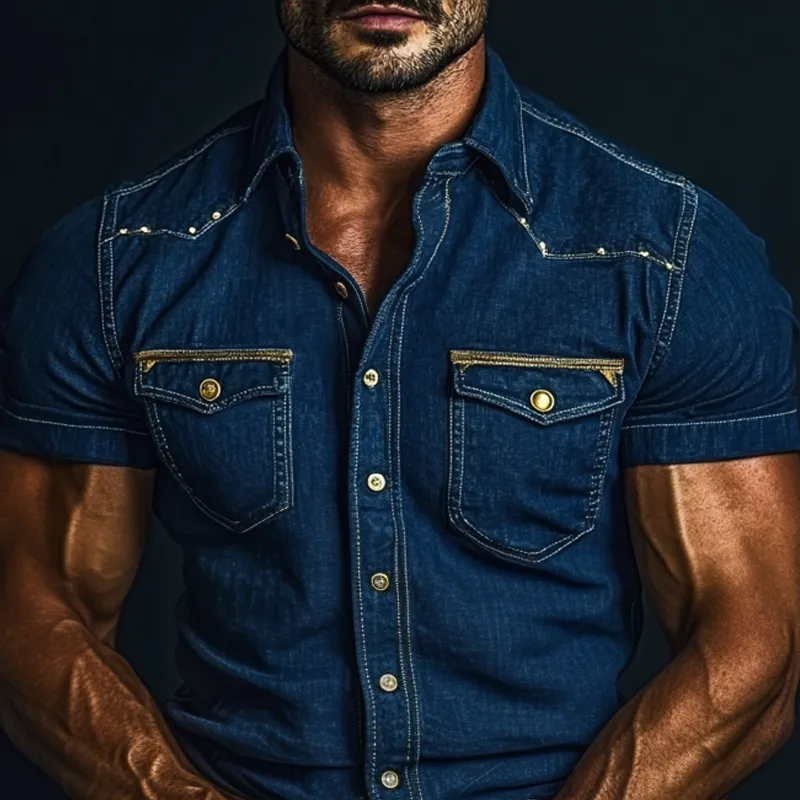 Men's Vintage Gold Metal Rivet Lapel Short Sleeve Denim Shirt MTA1033D1Z sold by Manly product image thumbnail 3