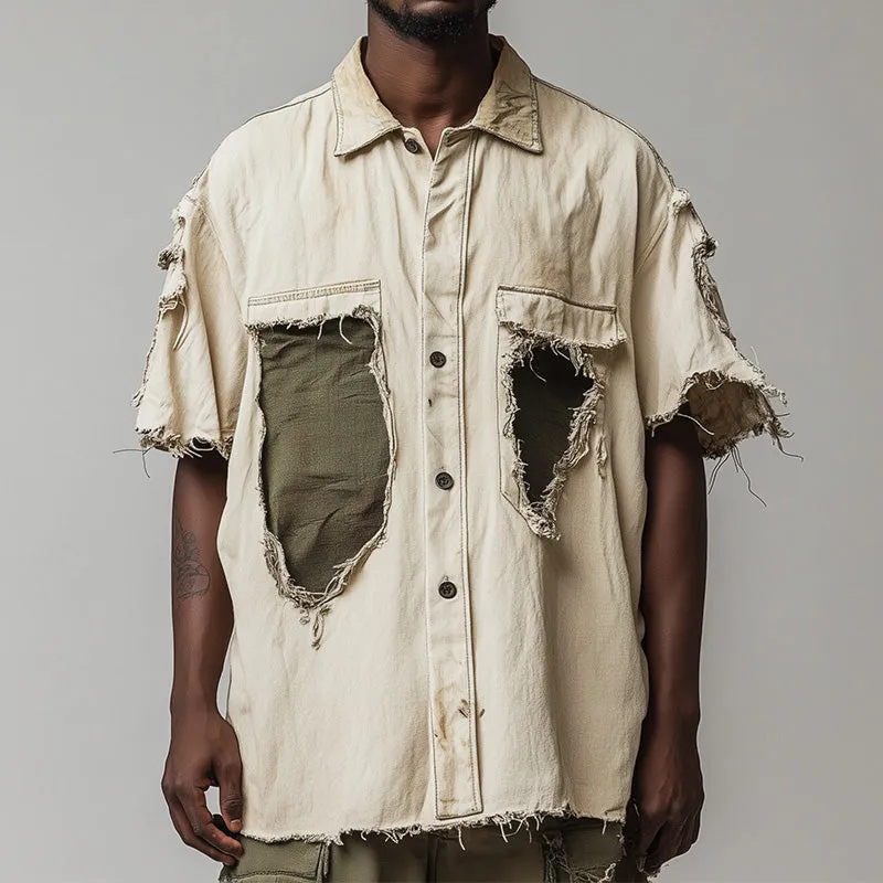 Men's Spring Retro Personalized Denim Patchwork Short Sleeve Shirt MTA1021D9P sold by Manly product image thumbnail 2