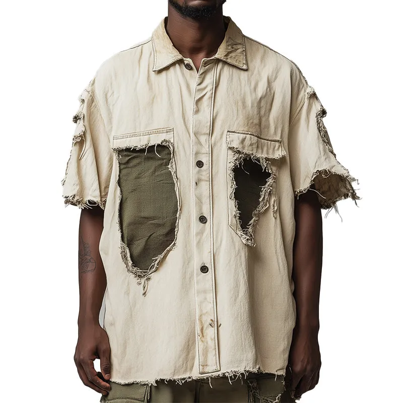 Men's Spring Retro Personalized Denim Patchwork Short Sleeve Shirt MTA1021D9P sold by Manly