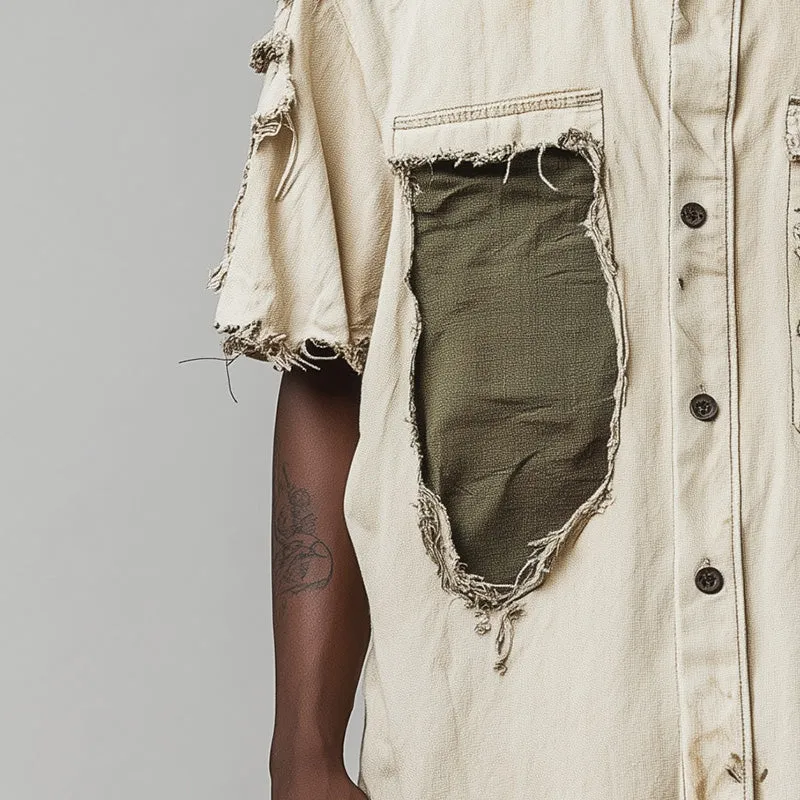 Men's Spring Retro Personalized Denim Patchwork Short Sleeve Shirt MTA1021D9P sold by Manly product image thumbnail 3