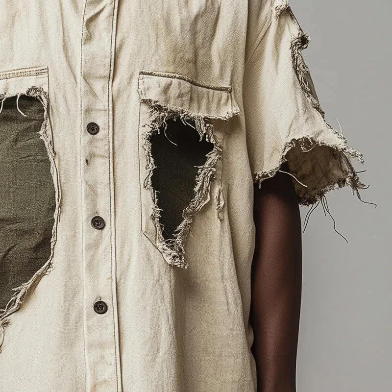 Men's Spring Retro Personalized Denim Patchwork Short Sleeve Shirt MTA1021D9P sold by Manly product image thumbnail 4