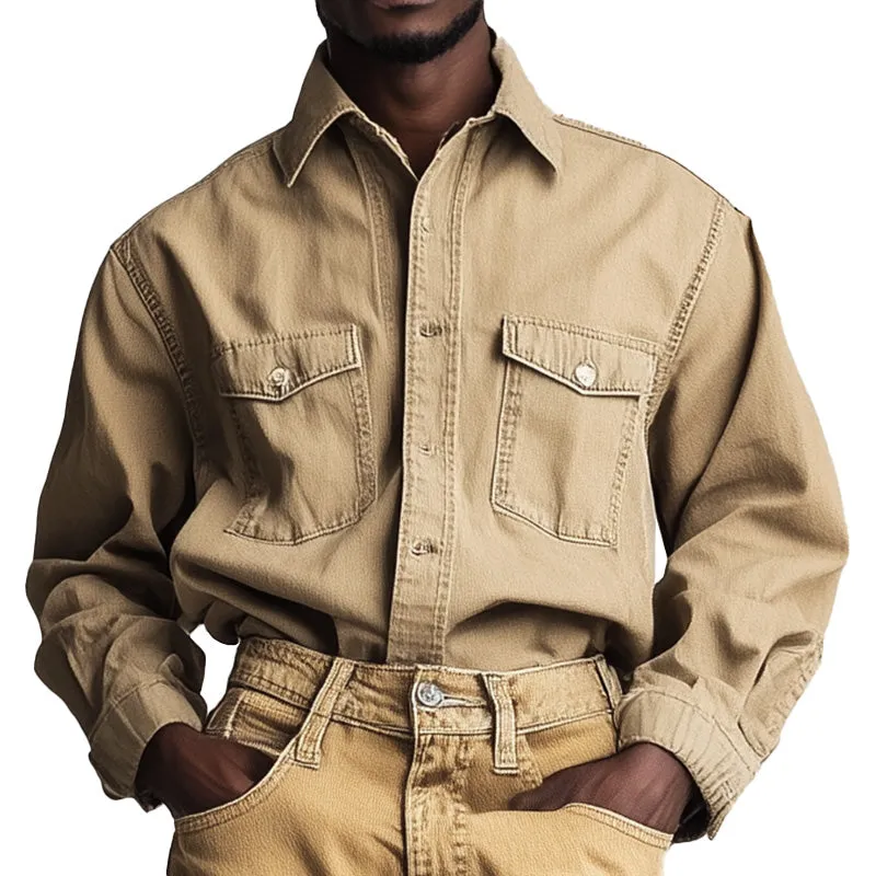 Men's Spring Retro Simple Solid Color Denim Long Sleeve Shirt MTA1074D0P sold by Manly