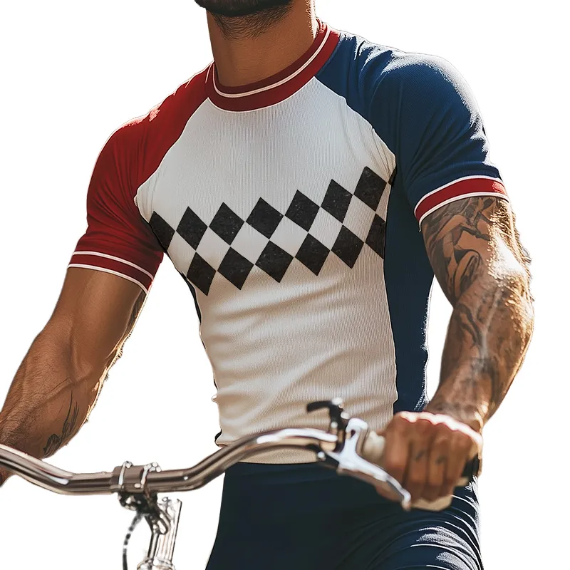 Men's Retro Sports Diamond Print Colorblock Round Neck Short Sleeve T-Shirt MTA1048D9TO sold by Manly