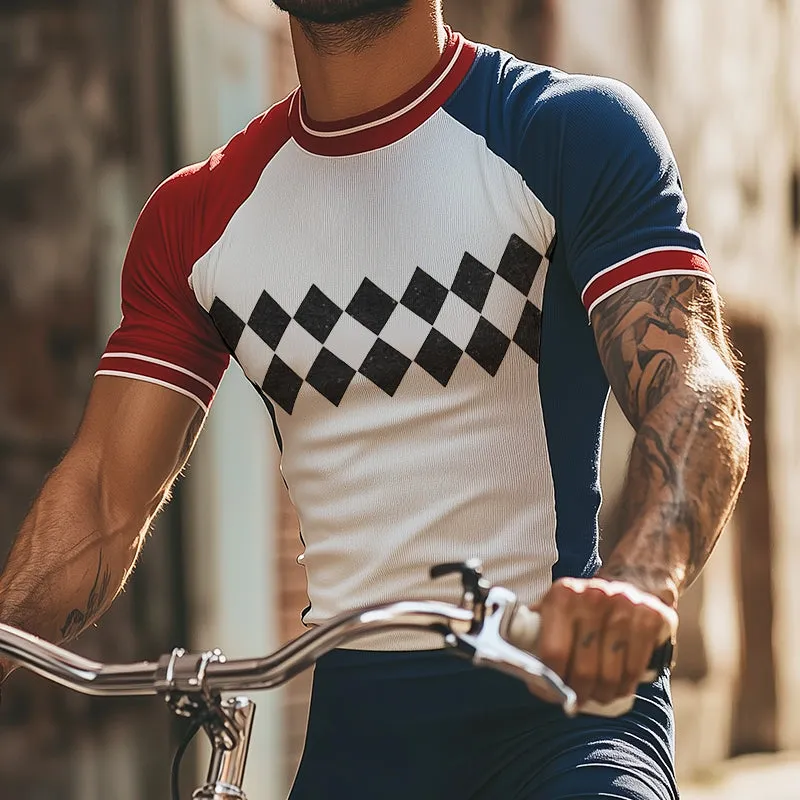 Men's Retro Sports Diamond Print Colorblock Round Neck Short Sleeve T-Shirt MTA1048D9TO sold by Manly product image thumbnail 2