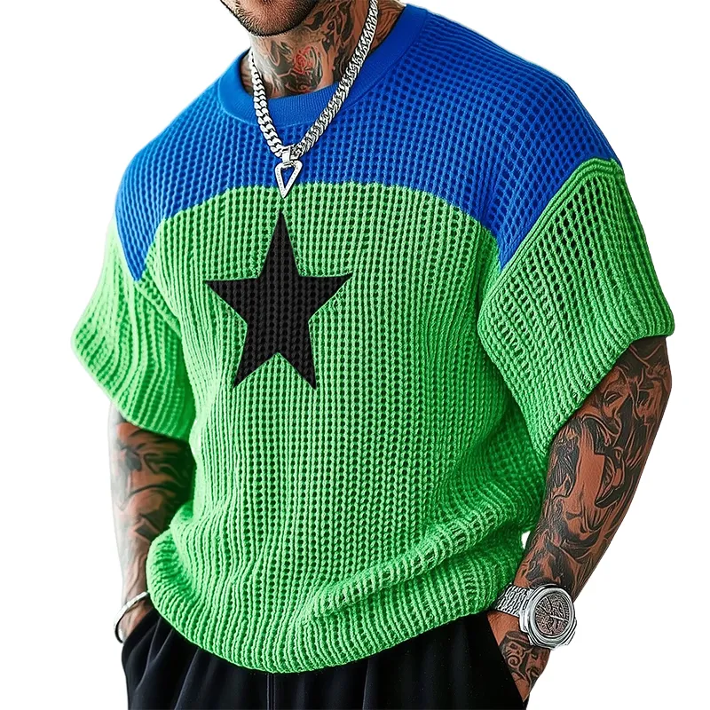 Men's Retro Colorblock Star Casual Round Neck Knitted Short Sleeve T-Shirt MTA1059D4TO sold by Manly