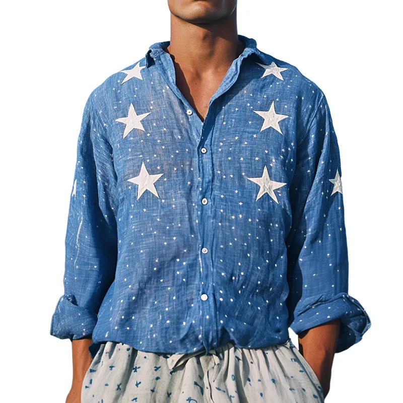 Men's Retro Casual Linen Print Star Embroidery Lapel Long Sleeve Shirt MTA1074D4TO sold by Manly