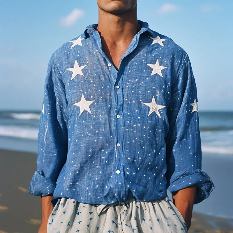 Men's Retro Casual Linen Print Star Embroidery Lapel Long Sleeve Shirt MTA1074D4TO sold by Manly product image thumbnail 2