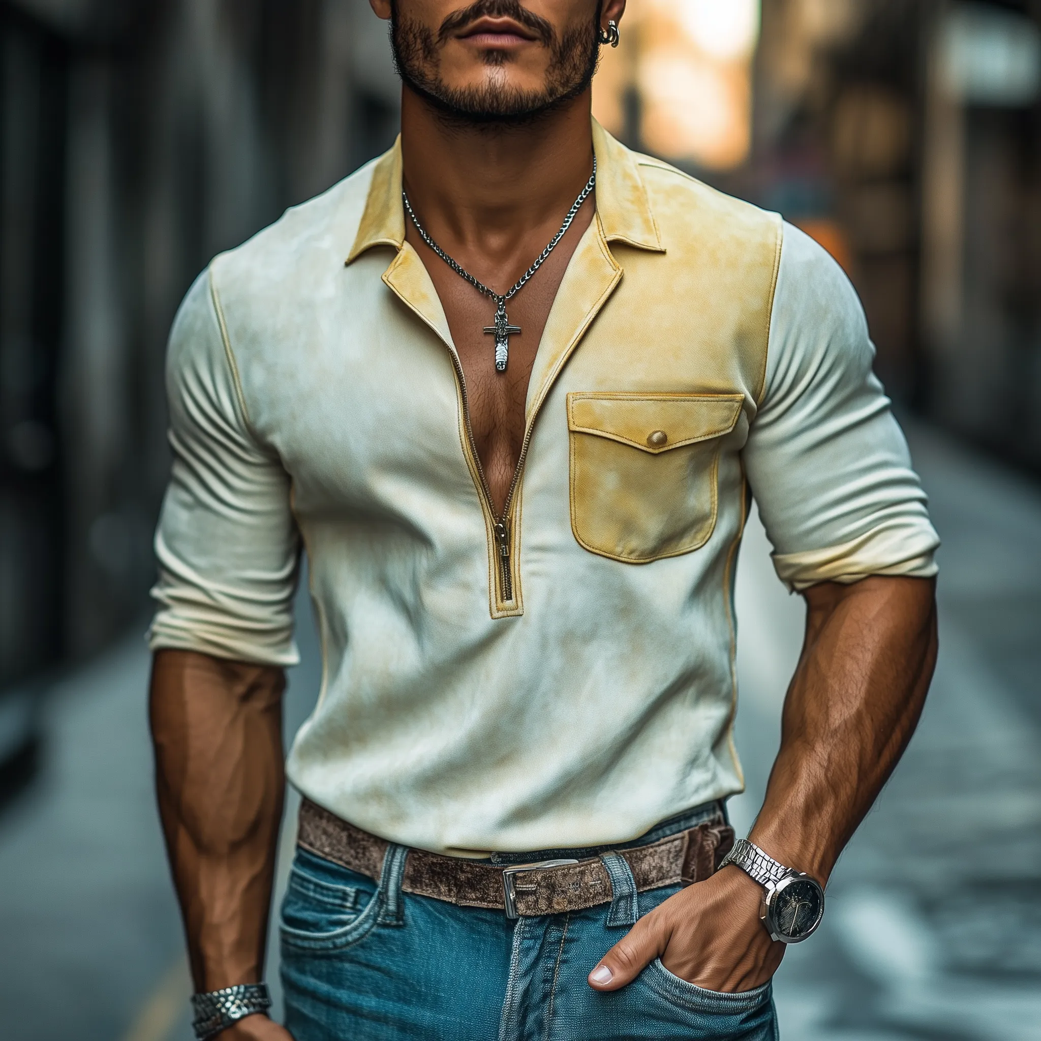 Men's Spring Fashion Personality Slim Suede Distressed Printed Long Sleeve Shirt MTA0844D9K sold by Manly product image thumbnail 2