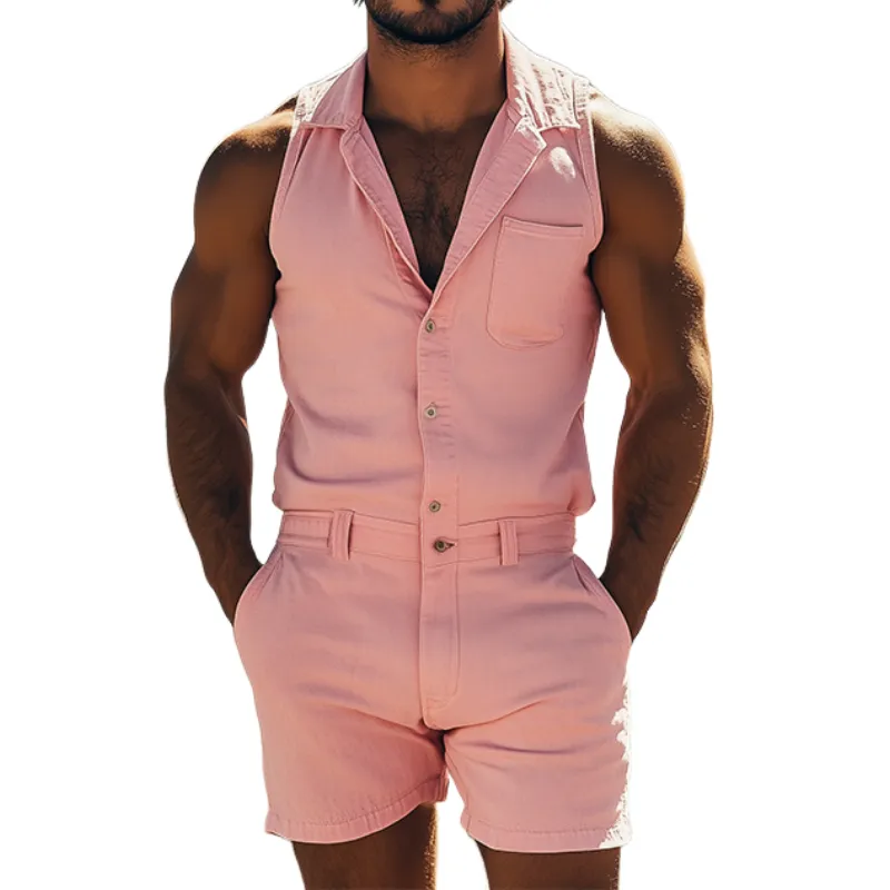 Men's Spring and Summer Fashion Casual Multi-Pocket Twill Cotton Tank Top Shorts Jumpsuit MTA1017D1K sold by Manly