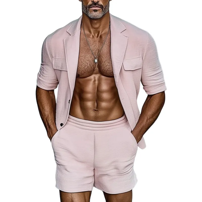 Men's Summer Textured Casual Short Sleeve Shorts Set MTA1081D6U sold by Manly
