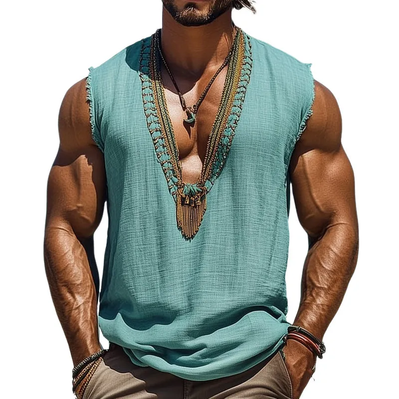Men's Summer Deep V Neck Embroidered Cotton and Linen Tank Top MTA1055D8U sold by Manly