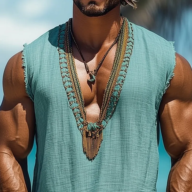 Men's Summer Deep V Neck Embroidered Cotton and Linen Tank Top MTA1055D8U sold by Manly product image thumbnail 3