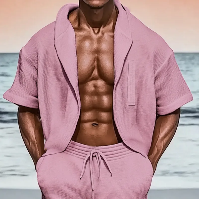 Men's Summer Textured Loose Casual Short Sleeve Shorts Set MTA1081D7U sold by Manly product image thumbnail 3