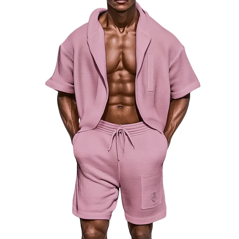 Men's Summer Textured Loose Casual Short Sleeve Shorts Set MTA1081D7U sold by Manly