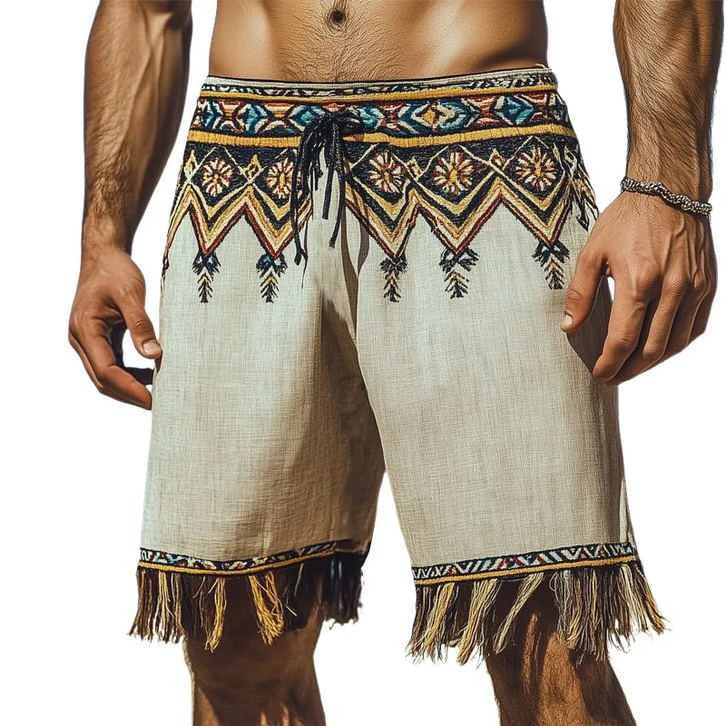 Men's Summer Retro Ethnic Style Printed Tassel Shorts MTA1080D7U sold by Manly