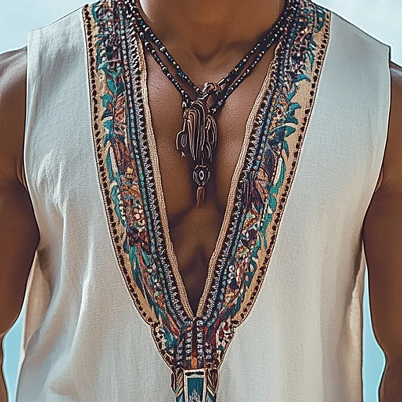 Men's Summer Retro Ethnic Style Deep V Neck Tank Top MTA0992D6U sold by Manly product image thumbnail 3