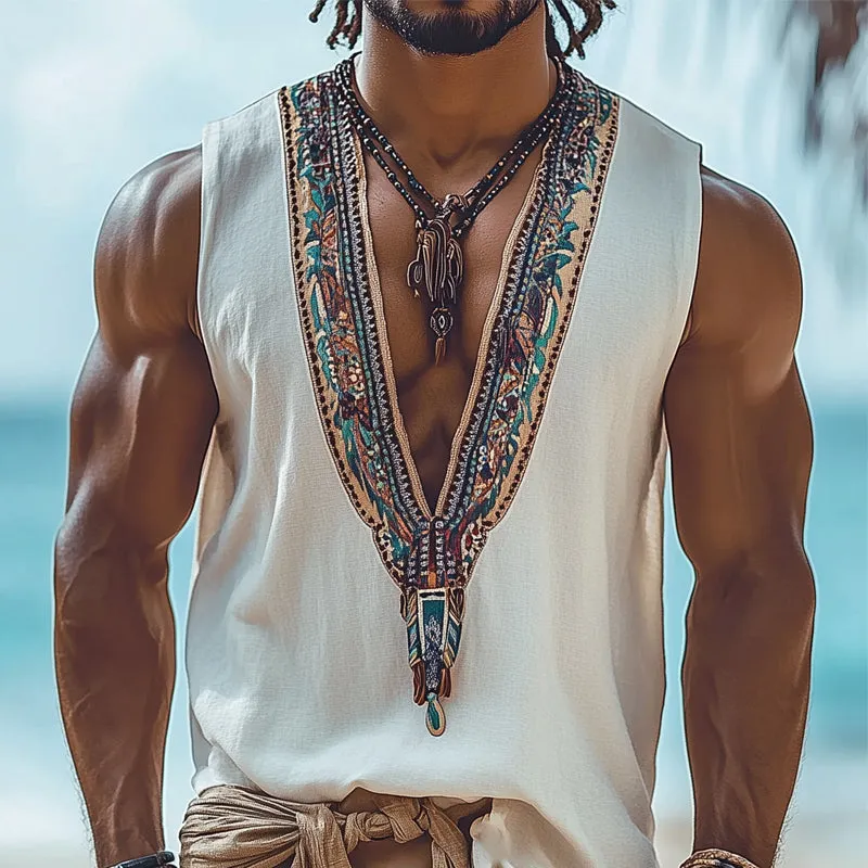Men's Summer Retro Ethnic Style Deep V Neck Tank Top MTA0992D6U sold by Manly product image thumbnail 2