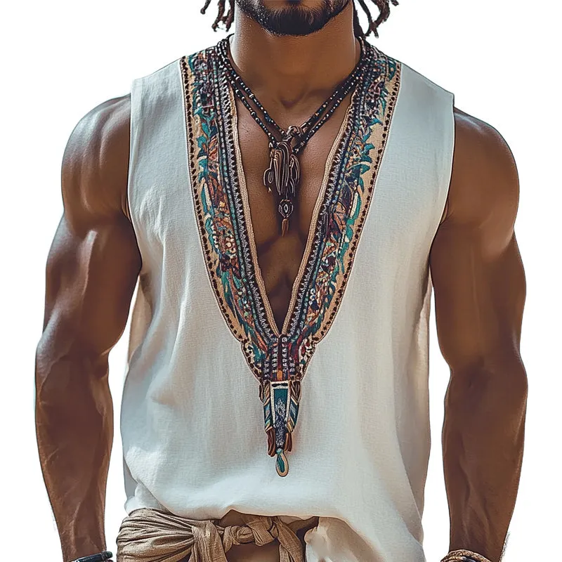 Men's Summer Retro Ethnic Style Deep V Neck Tank Top MTA0992D6U sold by Manly