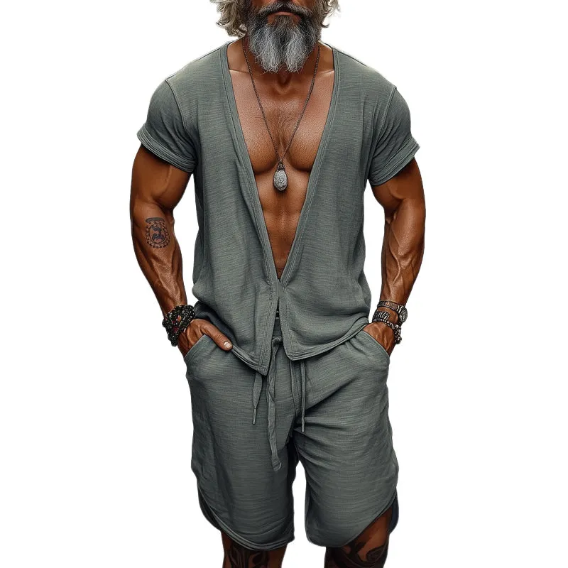 Men's Summer Comfortable and Casual Deep V-Neck Short Sleeve Shorts Set MTA1031D3U sold by Manly
