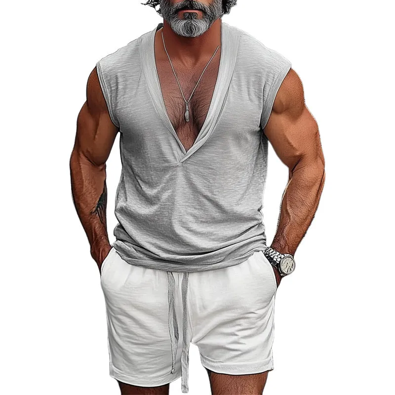 Men's Summer Comfortable Casual V-Neck Tank Top And Shorts Set MTA1025D1U sold by Manly