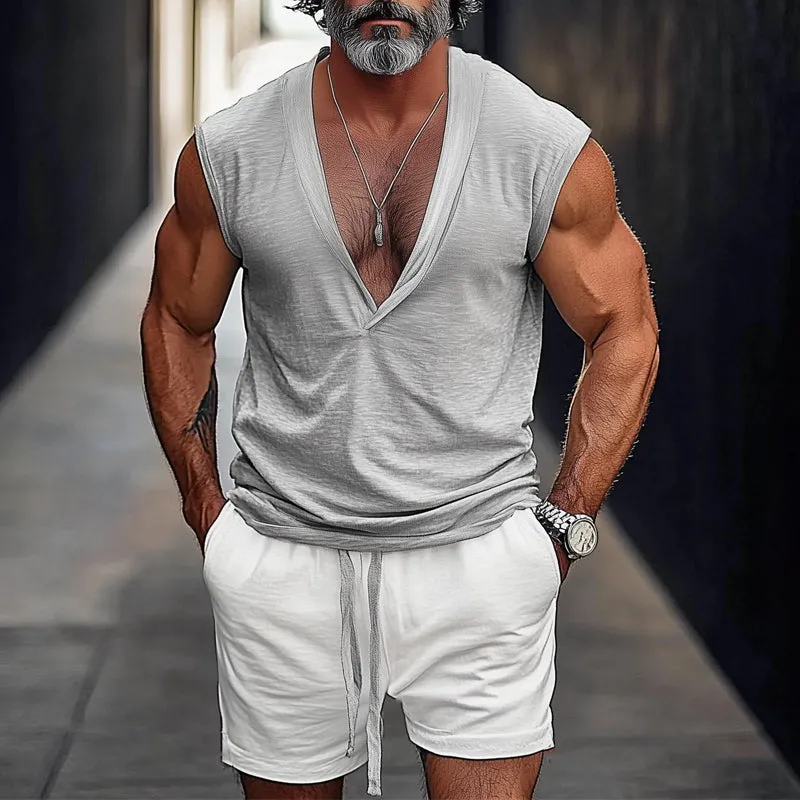 Men's Summer Comfortable Casual V-Neck Tank Top And Shorts Set MTA1025D1U sold by Manly product image thumbnail 2