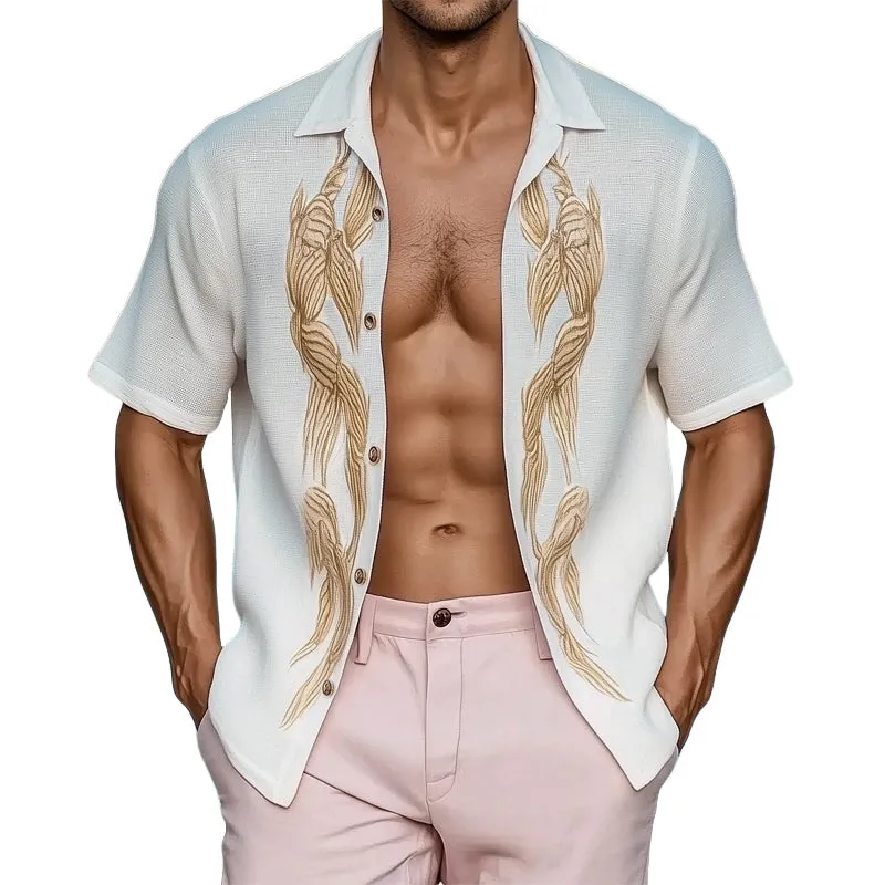 Men's Summer Gold Embroidery Loose Short Sleeve Shirt MTA1004D0U sold by Manly