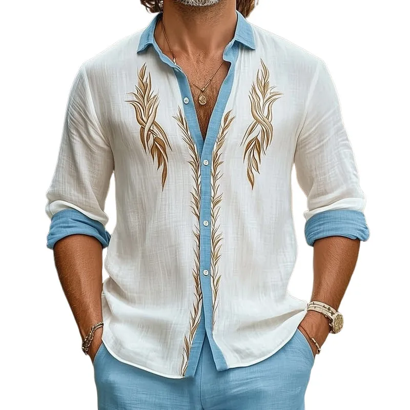 Men's Summer Cotton and Linen Gold Embroidered Casual Long Sleeve Shirt MTA1058D7U sold by Manly