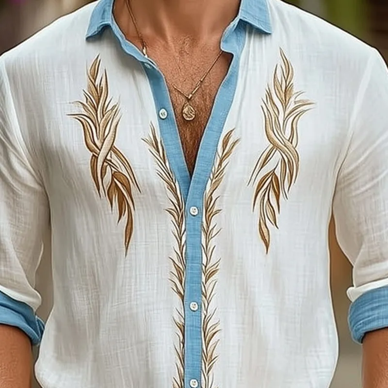 Men's Summer Cotton and Linen Gold Embroidered Casual Long Sleeve Shirt MTA1058D7U sold by Manly product image thumbnail 3