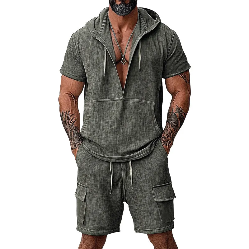 Men's Summer Cotton and Linen Deep V-Neck Short Sleeve Shorts Set MTA1090D5U sold by Manly