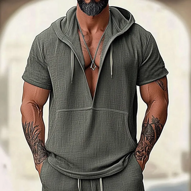 Men's Summer Cotton and Linen Deep V-Neck Short Sleeve Shorts Set MTA1090D5U sold by Manly product image thumbnail 4