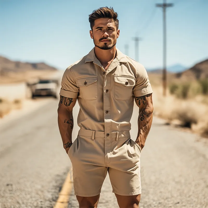 Men's Spring and Summer Fashion Casual Multi-Pocket Twill Cotton Short Sleeve Shorts Jumpsuit MTA1056D5K sold by Manly product image thumbnail 3