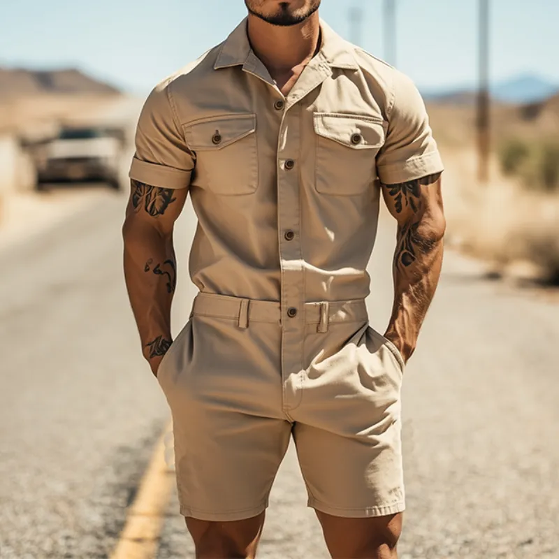 Men's Spring and Summer Fashion Casual Multi-Pocket Twill Cotton Short Sleeve Shorts Jumpsuit MTA1056D5K sold by Manly product image thumbnail 2