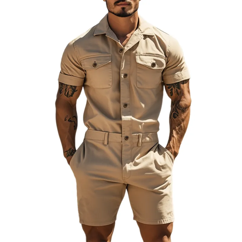 Men's Spring and Summer Fashion Casual Multi-Pocket Twill Cotton Short Sleeve Shorts Jumpsuit MTA1056D5K sold by Manly