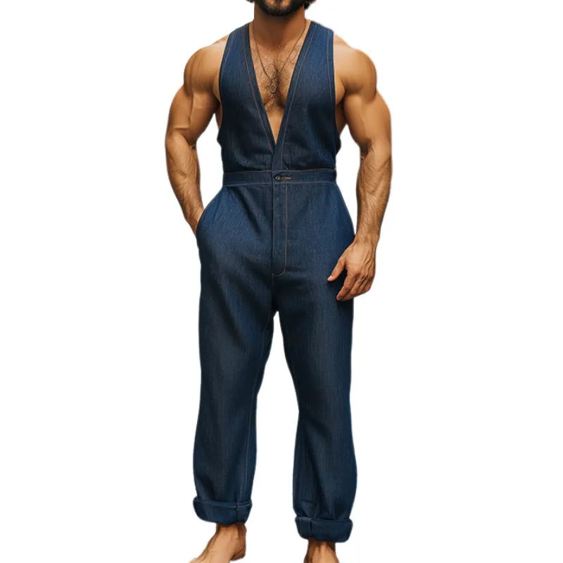 Men's Spring and Summer Fashion Casual Personality Tencel Denim Tank Top Jumpsuit MTA1050D6K sold by Manly