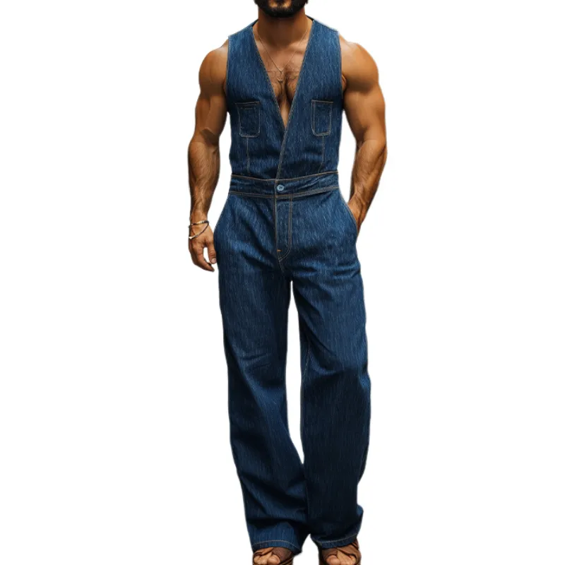 Men's Spring and Summer Fashion Casual Personality Pocket Tencel Denim Vest Jumpsuit MTA1043D3K sold by Manly