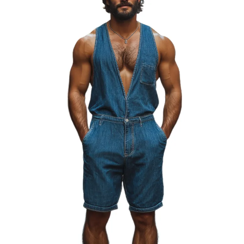Men's Spring and Summer Fashion Casual Personality Deep V-neck Tencel Denim Tank Top Jumpsuit MTA0953D4K sold by Manly