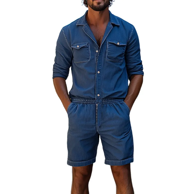 Men's Spring Fashion Casual Personality Lapel Collar Tencel Denim Long Sleeve Shirt Shorts Jumpsuit MYA0960D0K sold by Manly