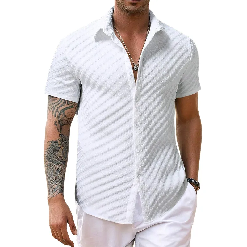 Men's Solid Color Houndstooth Textured Lapel Short Sleeve Shirt MTA1085D6X sold by Manly