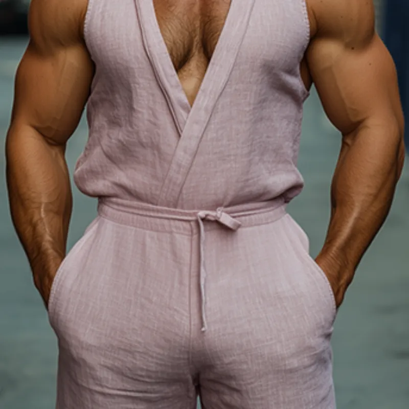 Men's Spring and Summer Fashion Leisure Vacation Cotton and Linen Deep V-neck Vest Elastic Waist Pants Set MTA1035D6K sold by Manly product image thumbnail 4