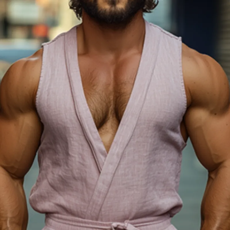 Men's Spring and Summer Fashion Leisure Vacation Cotton and Linen Deep V-neck Vest Elastic Waist Pants Set MTA1035D6K sold by Manly product image thumbnail 3