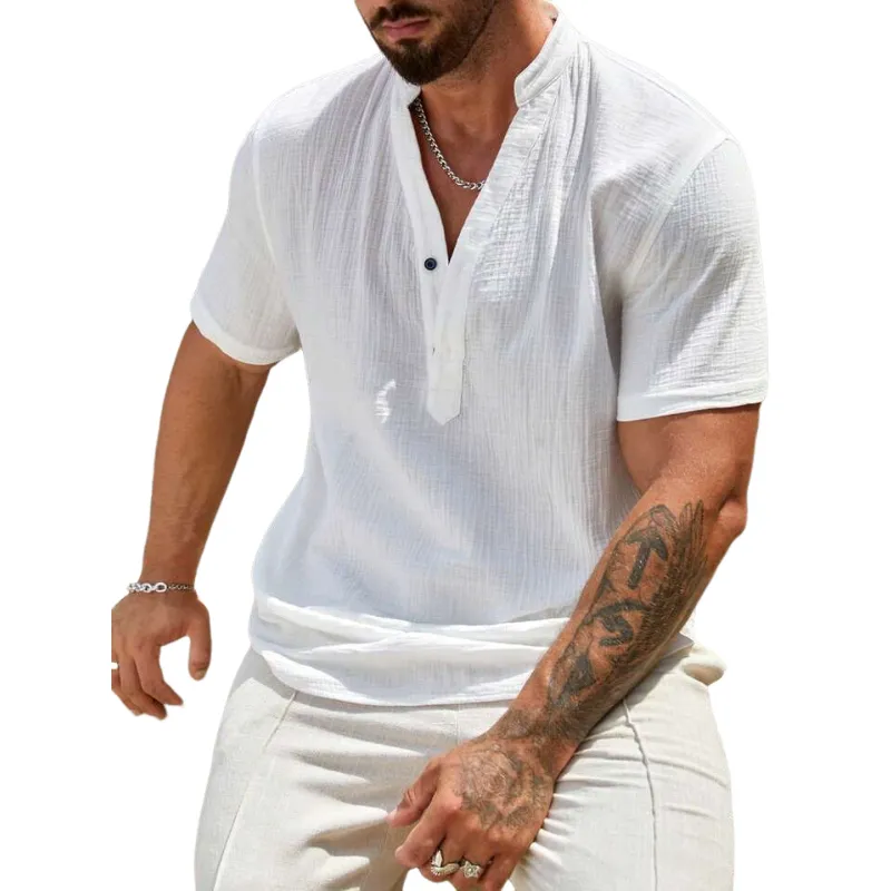 Men's Casual Cotton Linen Pleated Stand Collar Button Loose Short Sleeve T-Shirt MTA1030D2M sold by Manly